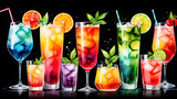 Fototapeta  - illustration image, there is a variety of colorful cocktails and long drinks, adorned with lime, depicted on an isolated black background.