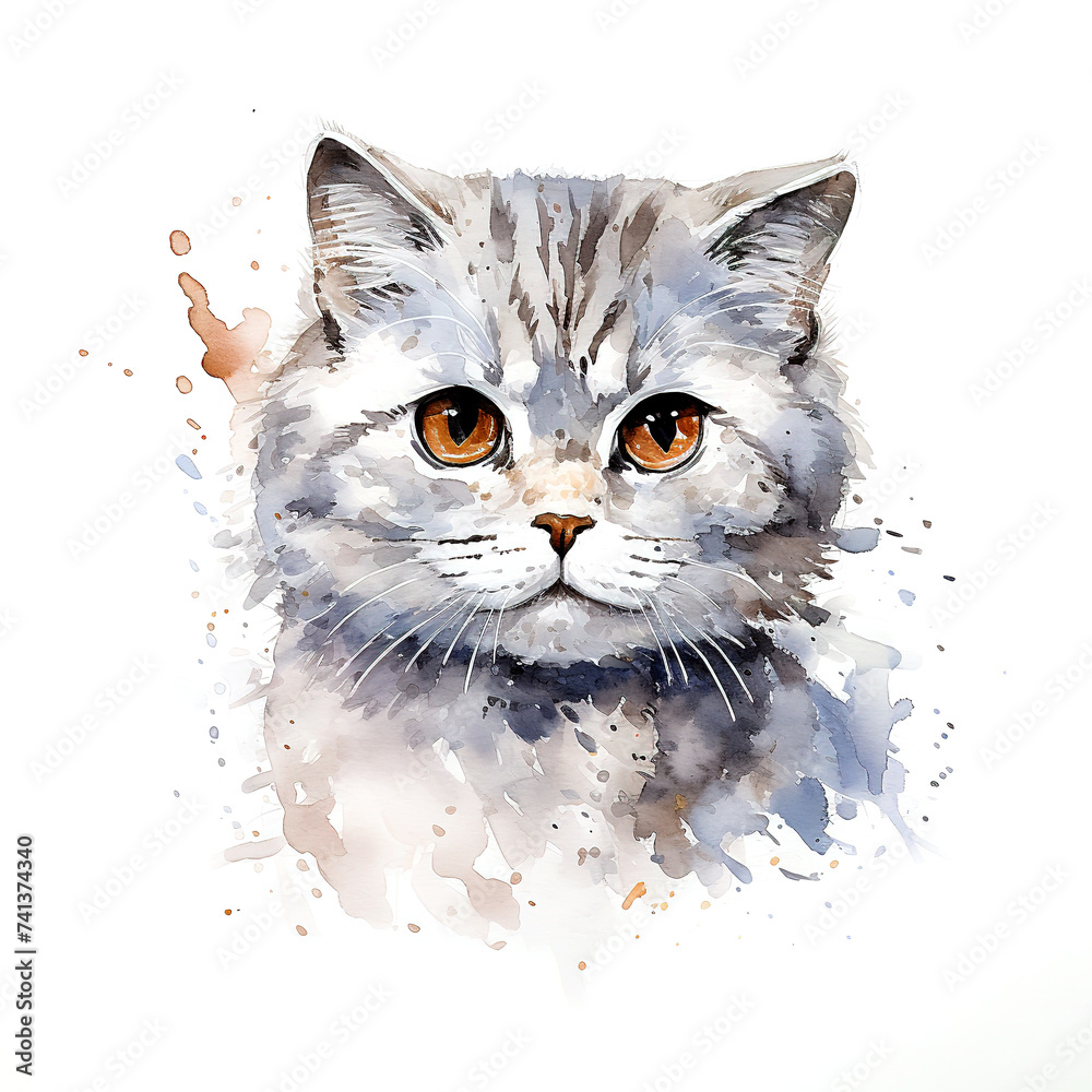 Image of watercolor painting of scottish fold cat head on a clean ...