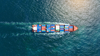 Wall Mural - top view Cargo Container ship in the ocean ship carrying container and running for import export concept technology freight shipping by ship