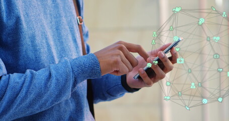 Poster - Image of network of connections over biracial man using smartphone