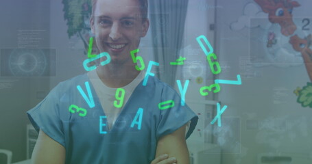 Poster - Image of numbers changing and scopes on screens over male doctor