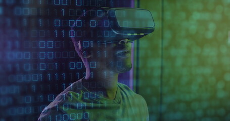 Poster - Image of data processing over african american male server room worker using vr headset