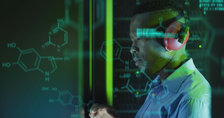Poster - Image of data processing over african american male server room worker using headphones