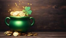  St Patricks Day Decoration With Magic Light Rainbow Pot Full Gold Coins, Horseshoe And Shamrocks On Vintage Wooden Background, Close Up Banner Design For Social Event.