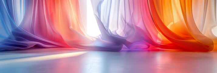 Wall Mural - Colorful 3D curtain background in pastel vibrant hues. Abstract minimalist forms create a stunning backdrop for creative projects, digital art, and modern designs. Perfect for social media, web banner