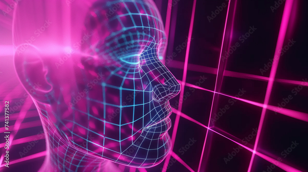 abstract Human face futuristic low poly style with neon glowing lines ...