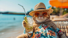 A Cat Dressed In A Hawaiian Shirt, Beach Shorts, Hat, Sunglasses Lies On A Sunbathe On The Beach, On A Sun Lounger, Under A Bright Sun Umbrella, Drinks A Mojito With Ice From A Glass Glass With A Stra