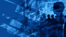 Double Exposure Business With Abstract Silhouette Of People On Blue Business Background With Space For Text, 
