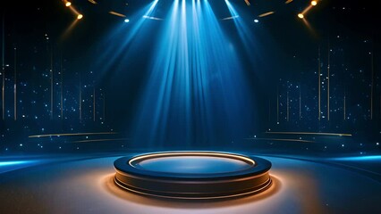 festive golden blue scene pedestal with bright spotlight projector rays in night club on shimmering 