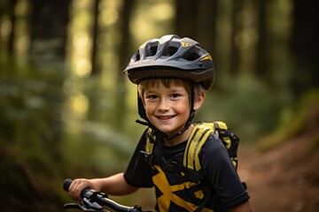 Poster - Portrait of a boy on a bicycle in a forest. Selective focus.