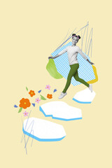 Wall Mural - Collage sketch picture of lovely charming cheerful girl going jumping on melting ice isolated drawing background