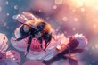 Bee Pollinating Vibrant Orange Flower with Dew. Generative AI