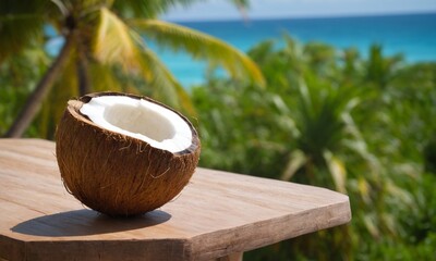 Coconut halves on a wooden table against a tropical beach background