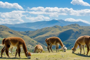 Canvas Print - alpacas grazing on a sunny hillside with mountains behind