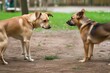 dog with a warning posture, facing another dog