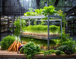Lush indoor greenhouse with an array of potted plants and vegetables basking in natural light.