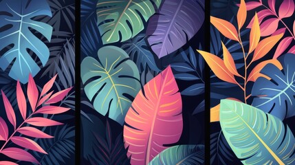  set of tropical leaves  in a flat style. palm fronds, banana leaves, and Monstera leaves. 
color palette to ensure a cohesive and modern aesthetic