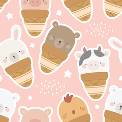 Wall Mural - ice cream with cute animals, seamless backgorund vector