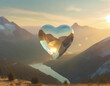 Large clear glass love heart above mountainous landscape