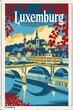 luxemburg vintage travel poster, graphic style, with banner text 