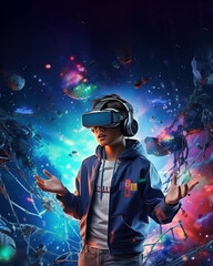 A man uses virtual reality glasses and interacts with neon holographic data. Metaverse, a futuristic cyber game concept.