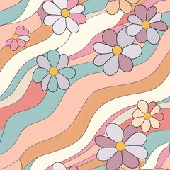 Poster - pastel colors in a retro wave design that can be tiled with 60's style retro simple flowers on a white back ground. Seamless pattern
