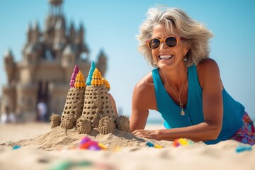 Canvas Print - Happy senior woman playing with sand castle on the beach during summer vacation