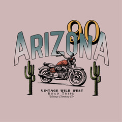 Wall Mural - Arizona summer print design, Desert bike and cactus t shirt print, wild west text print for 90 vibes, men's women's girls boys road tripe vintage screen printing