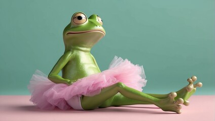On leap day, a lively toy frog doll in a tutu prances and pirouettes, bringing a splash of whimsy to any room with its animated cartoon charm and adorable amphibian features