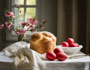 Wall Mural - Easter traditional bread, greek tsoureki and red eggs on a table with linen tablecloth with spring window view