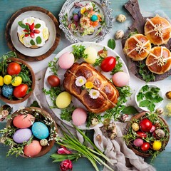 Wall Mural - Traditional Easter dinner or brunch with ham, colored eggs, hot cross buns, cake and vegetables.