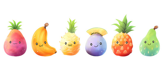 Set of assorted kawaii tropical fruits isolated on white or transparent background.