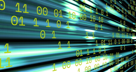 Image of binary coding and data processing over blue light trails