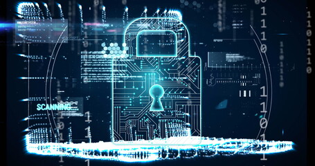 Poster - Image of online security padlock, data processing over binary coding