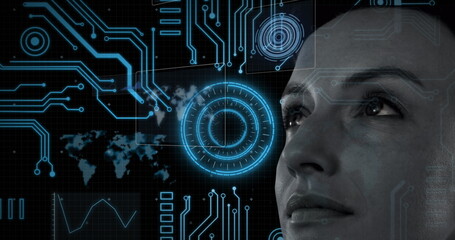 Poster - Image of digital interface with data processing over woman's face