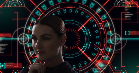 Image of digital interface with data processing over woman's face