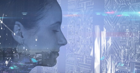 Poster - Image of network of connections over woman