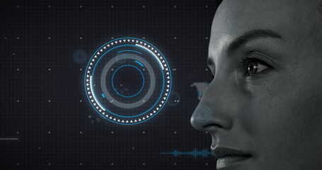 Poster - Image of scope scanning and data processing over woman