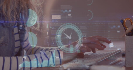 Poster - Image of clock, statistics and financial data processing over businesswoman using comptuer