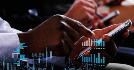 Poster - Image of financial data processing over diverse business people using smartphones at office