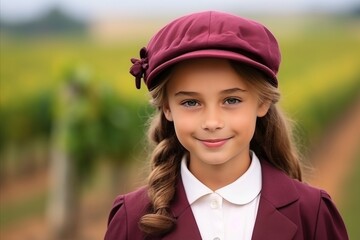 Canvas Print - Portrait of a beautiful little girl in a hat on a background of vineyard