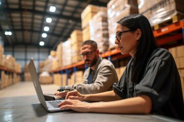 Warehouse managers immersed in work on a laptop, efficiently coordinating logistics, shipping, and inventory for business fulfillment, Generative AI