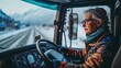 Mature female truck driver in the cab, navigating logistics and transportation