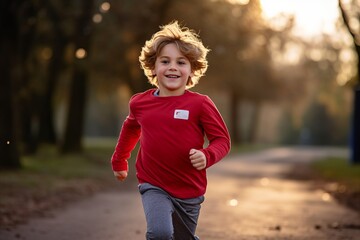 Sticker - Portrait of a cute little boy running in the park at sunset