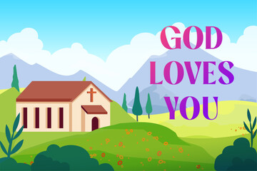 Church landscape. Chapel on hill. Gods love. Christianity faith. Sky and meadow. Building with cross. Summer scenery. Christ belief banner. Spring Easter card. Vector flat illustration