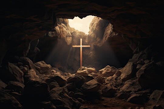 Wooden cross in sunlight in dark cave. Crucifixion and resurrection. Cross symbol for Jesus Christ is risen. Religion and Easter concept