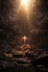 Wall Mural - Wooden cross in sunlight in dark cave. Crucifixion and resurrection. Cross symbol for Jesus Christ is risen. Religion and Easter concept