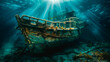 A sunken shipwreck in sea. Underwater world.
