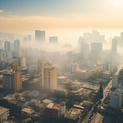 Poster - A city with tall buildings and a lot of fog. Generative AI.