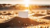 Fototapeta Konie - Business Card Mockup Romantic on Sand at the Beach with Background Sun and Glitters Sunset